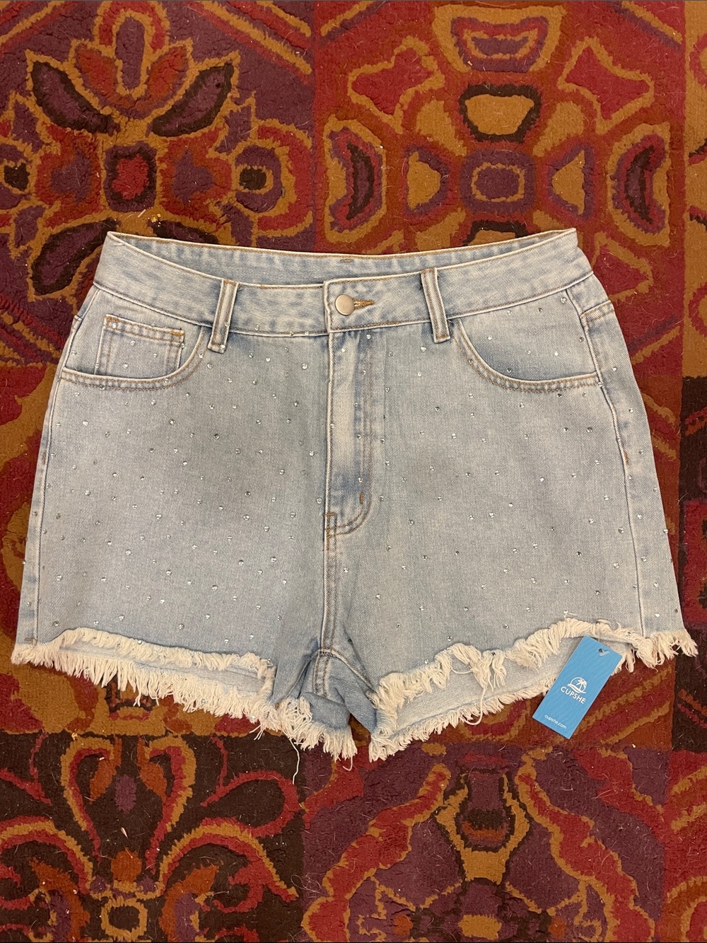 Cupshe Light Blue Denim Shorts with Rhinestone Studs